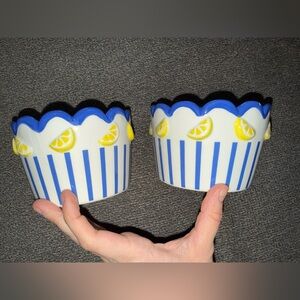 T.J.Maxx Blue Yellow cute summer serveware stripes ceramic Lemon Bowls set of 2